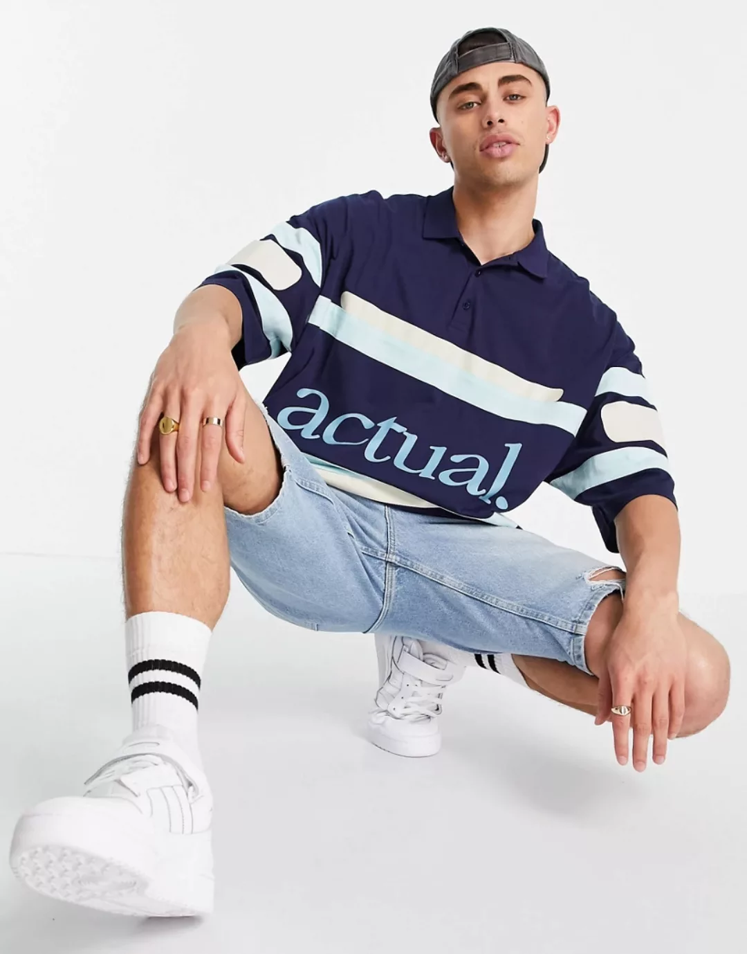 ASOS – Actual – Oversized-Polohemd in Marineblau mit Querstreifen und Logop günstig online kaufen