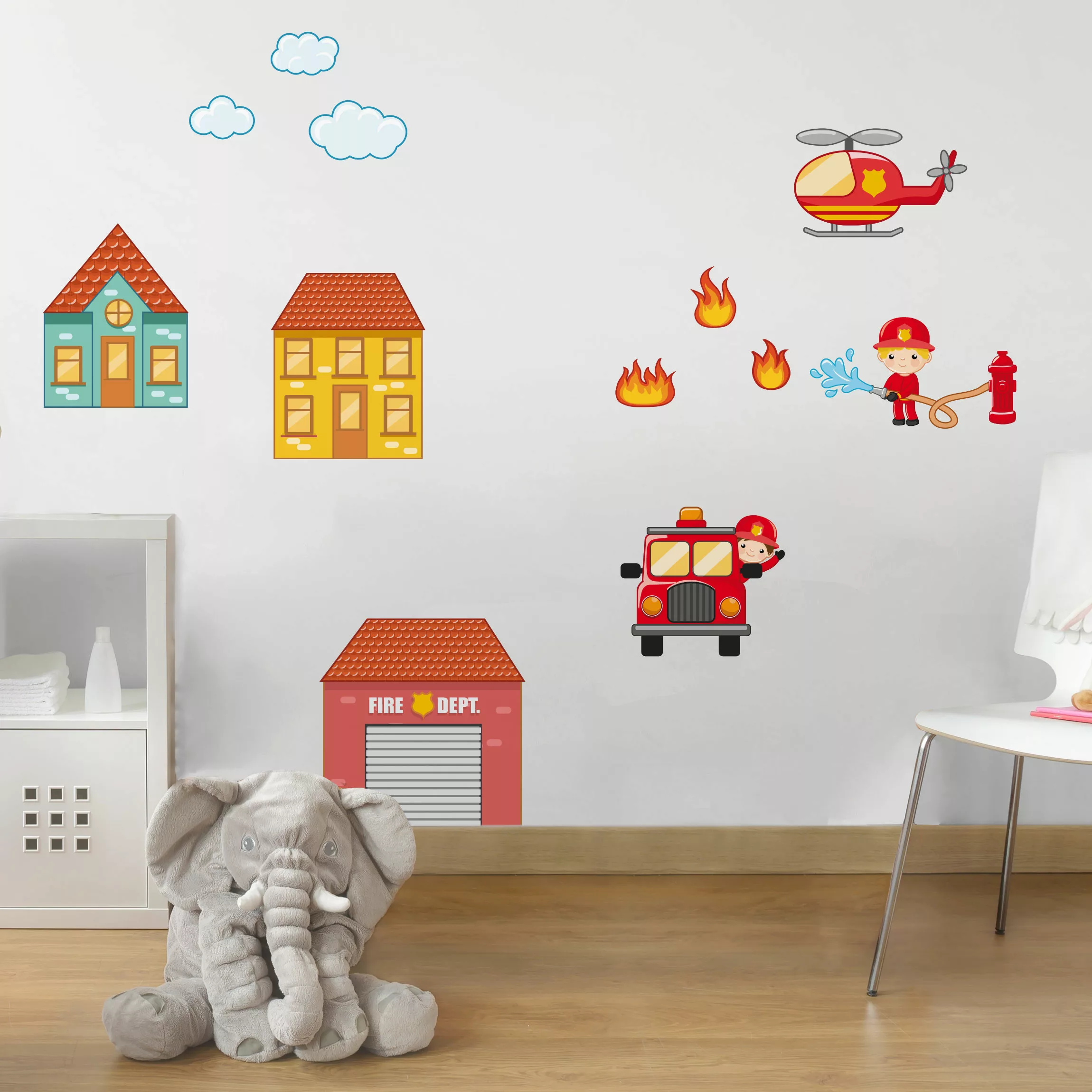 Wandtattoo Kinderzimmer Feuerwehr-Set mit Häusern günstig online kaufen