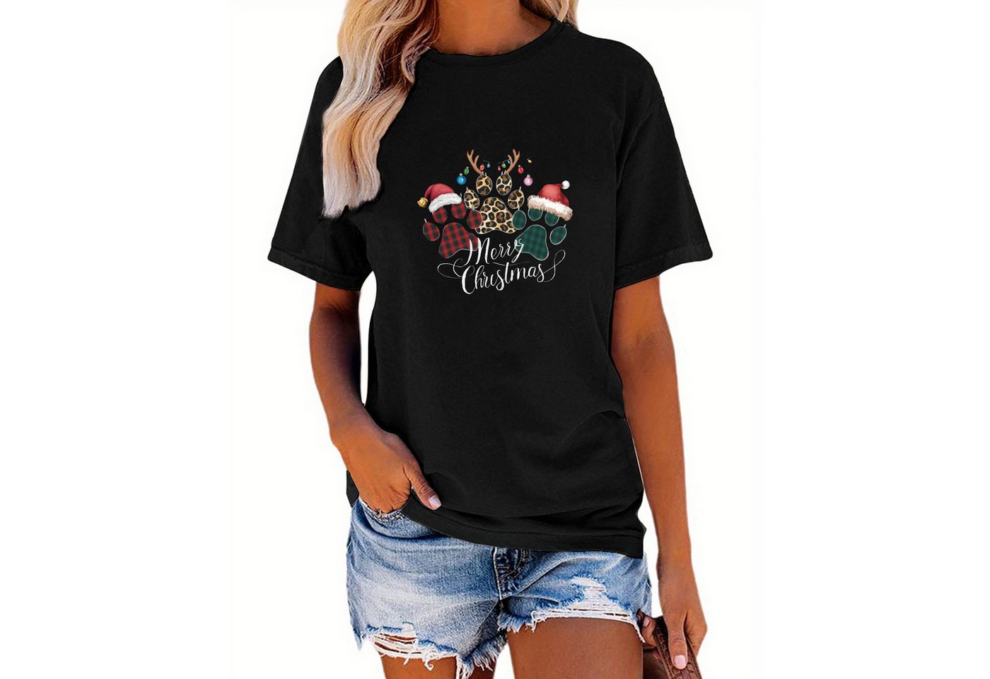 PYL Print-Shirt Damen Christmas Sommer Weihnachtsmütze Print-Shirt Casual T günstig online kaufen