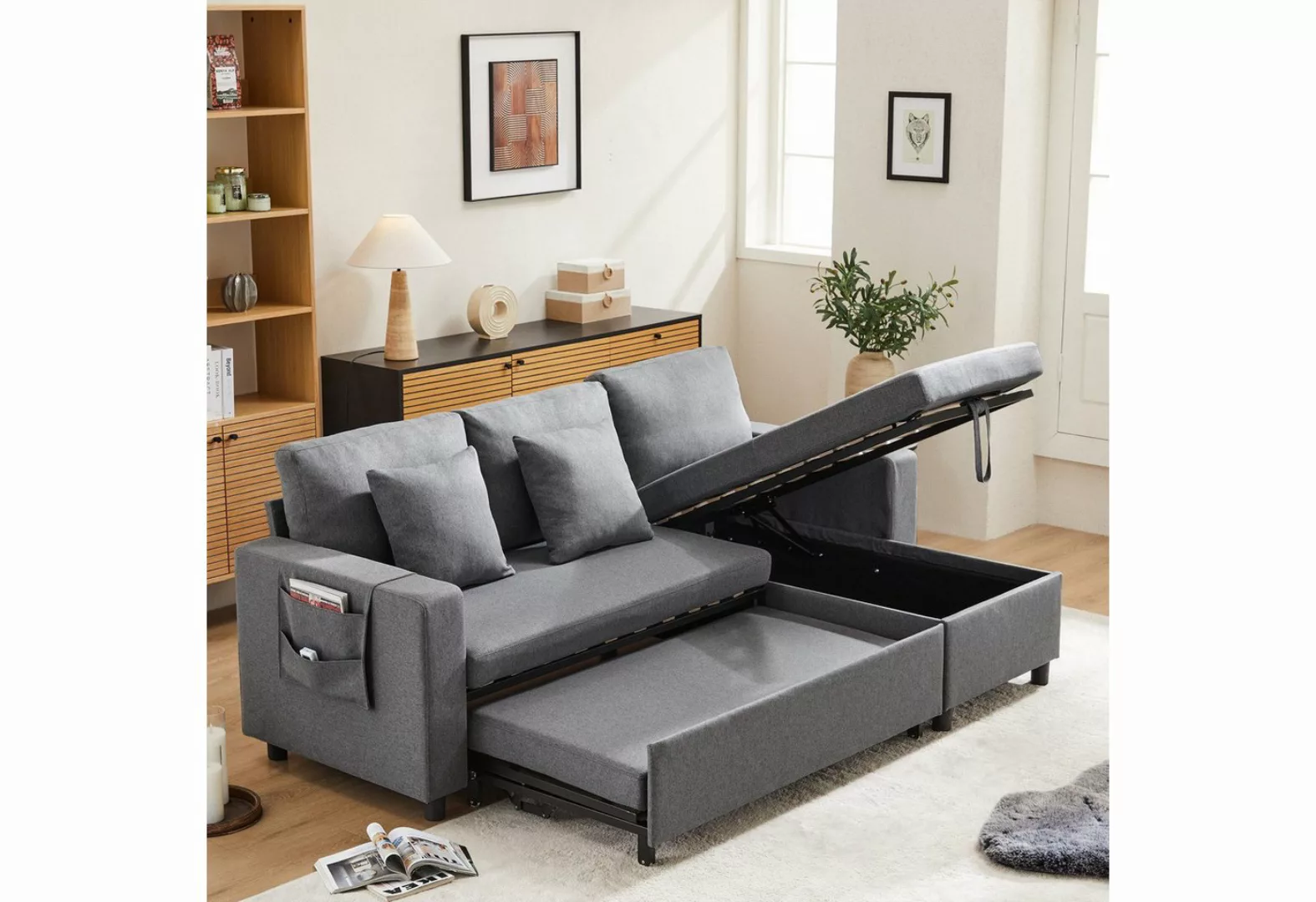 KLAM HOME 3-Sitzer Schlafsofa mit Seitentasche und Bettkasten Polstermöbel günstig online kaufen