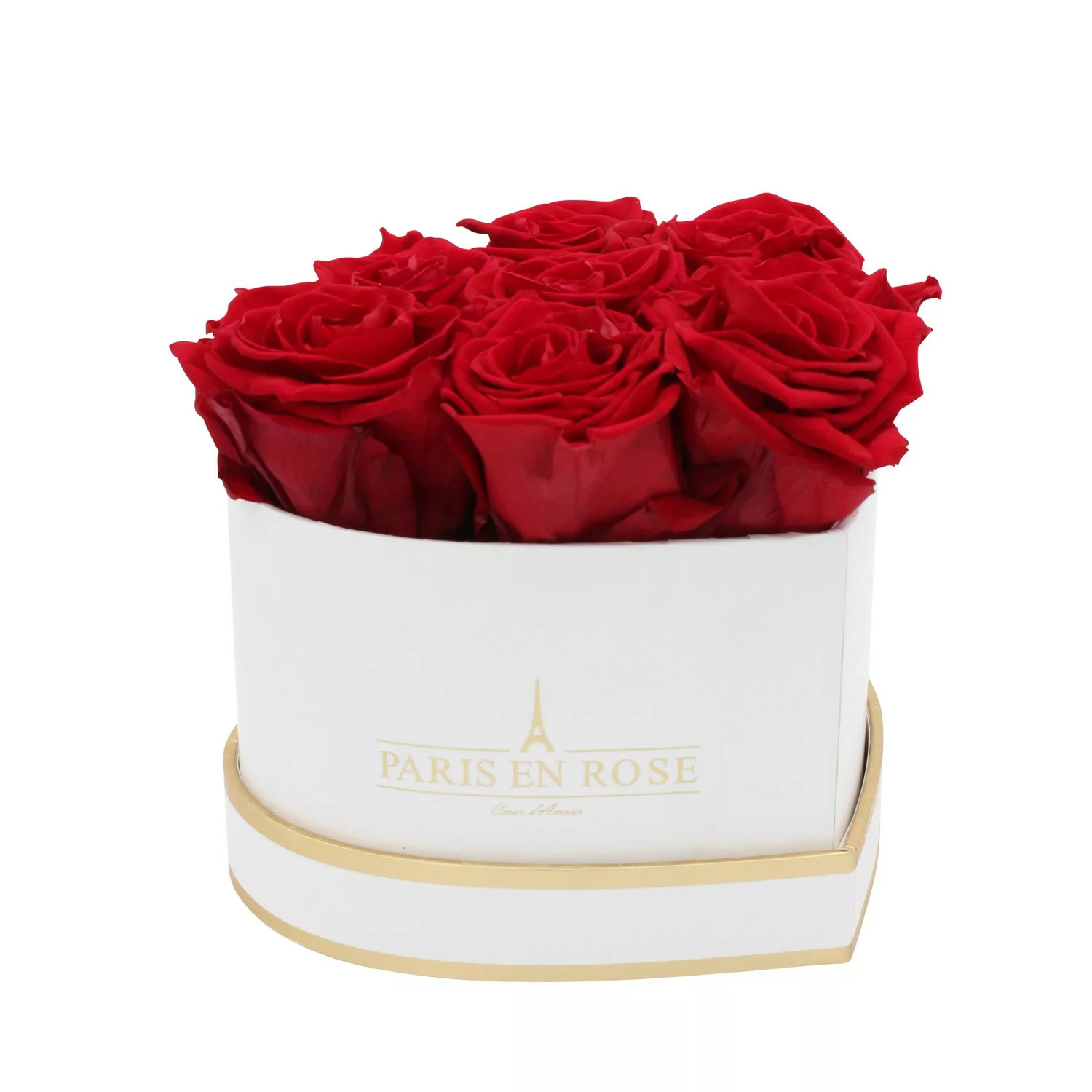 Rosenbox Herz Weiß-Gold mit 8 Bordeaux Rosen günstig online kaufen