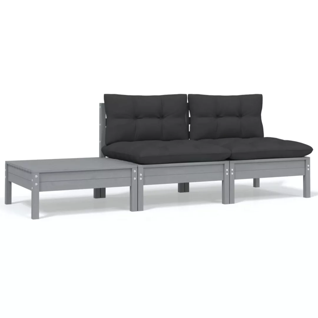 3-tlg. Garten-lounge-set Mit Kissen Grau Kiefer Massivholz günstig online kaufen