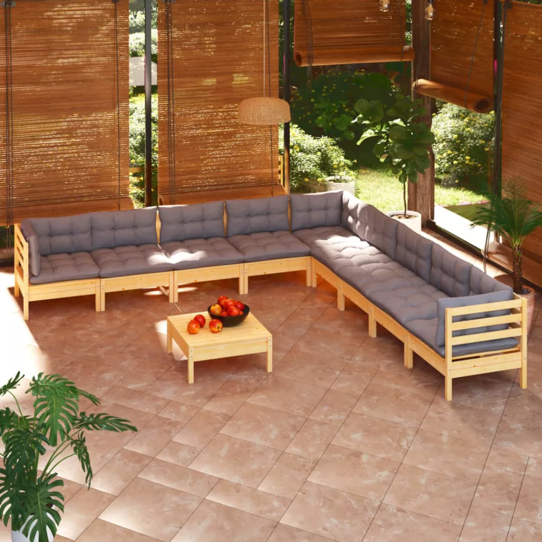 10-tlg. Garten-lounge-set Mit Grauen Kissen Kiefer Massivholz günstig online kaufen