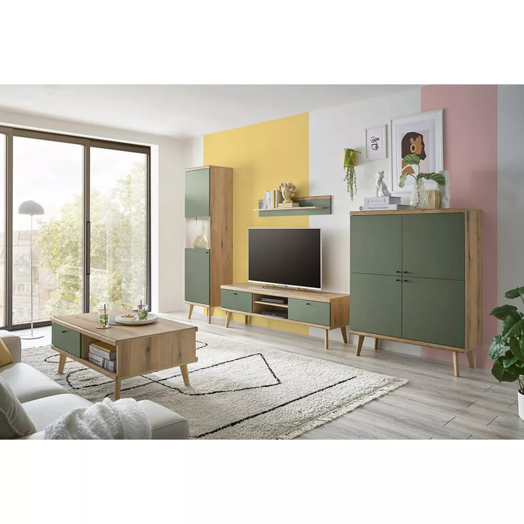 Wohnwand in Eiche mit grün AVEZZANO-61 Modern 5-teilig, inkl. Couchtisch un günstig online kaufen