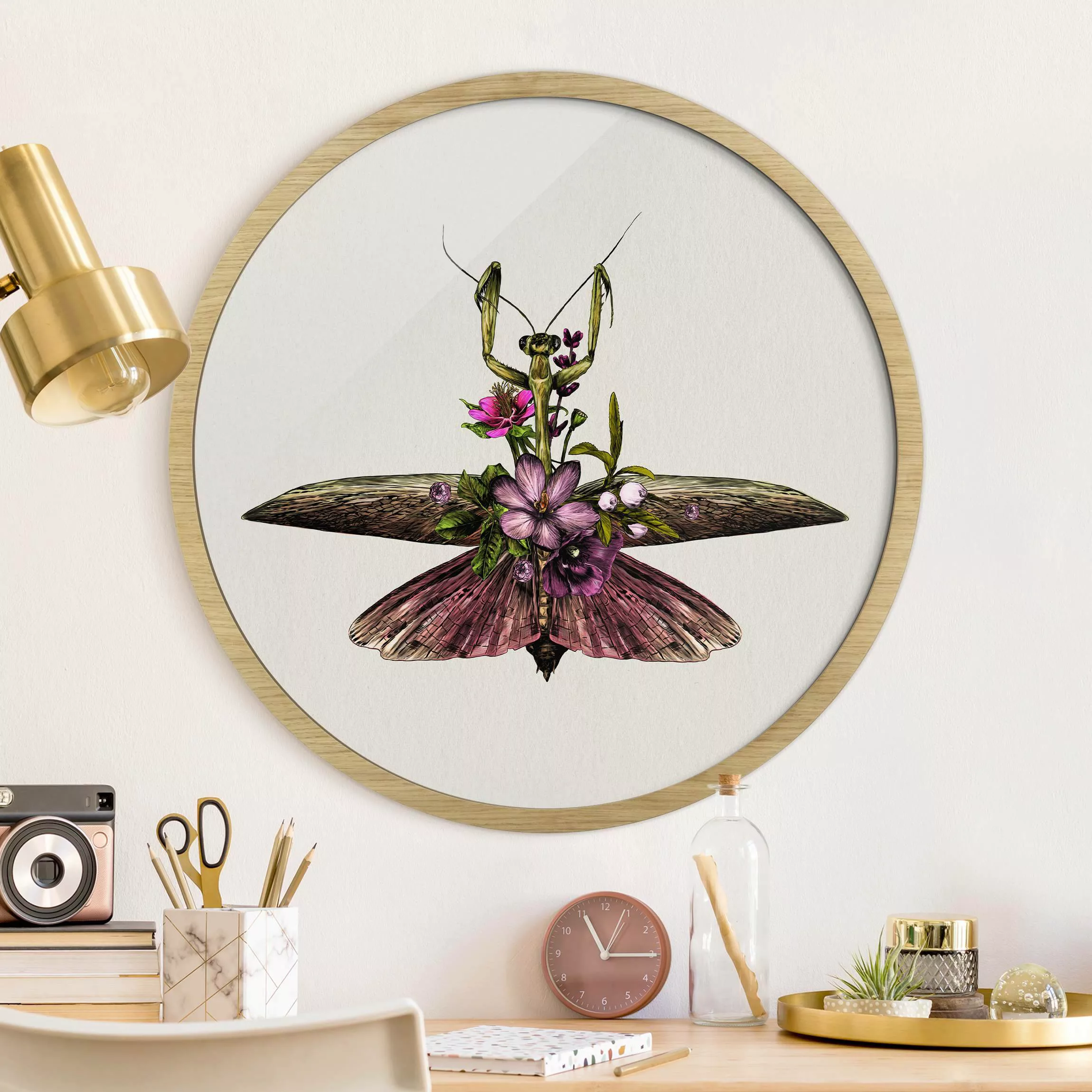 Rundes Gerahmtes Bild Illustration florale Mantis günstig online kaufen