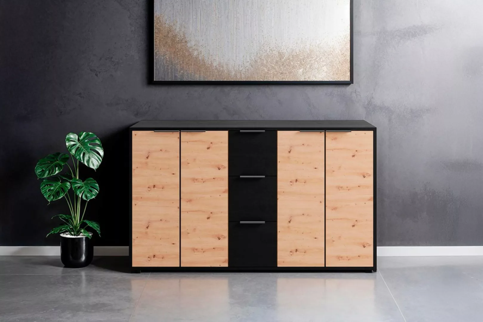 byLIVING Sideboard "Rimini", Melamin Eiche schwarz und Artisan Eiche, 3 Sch günstig online kaufen