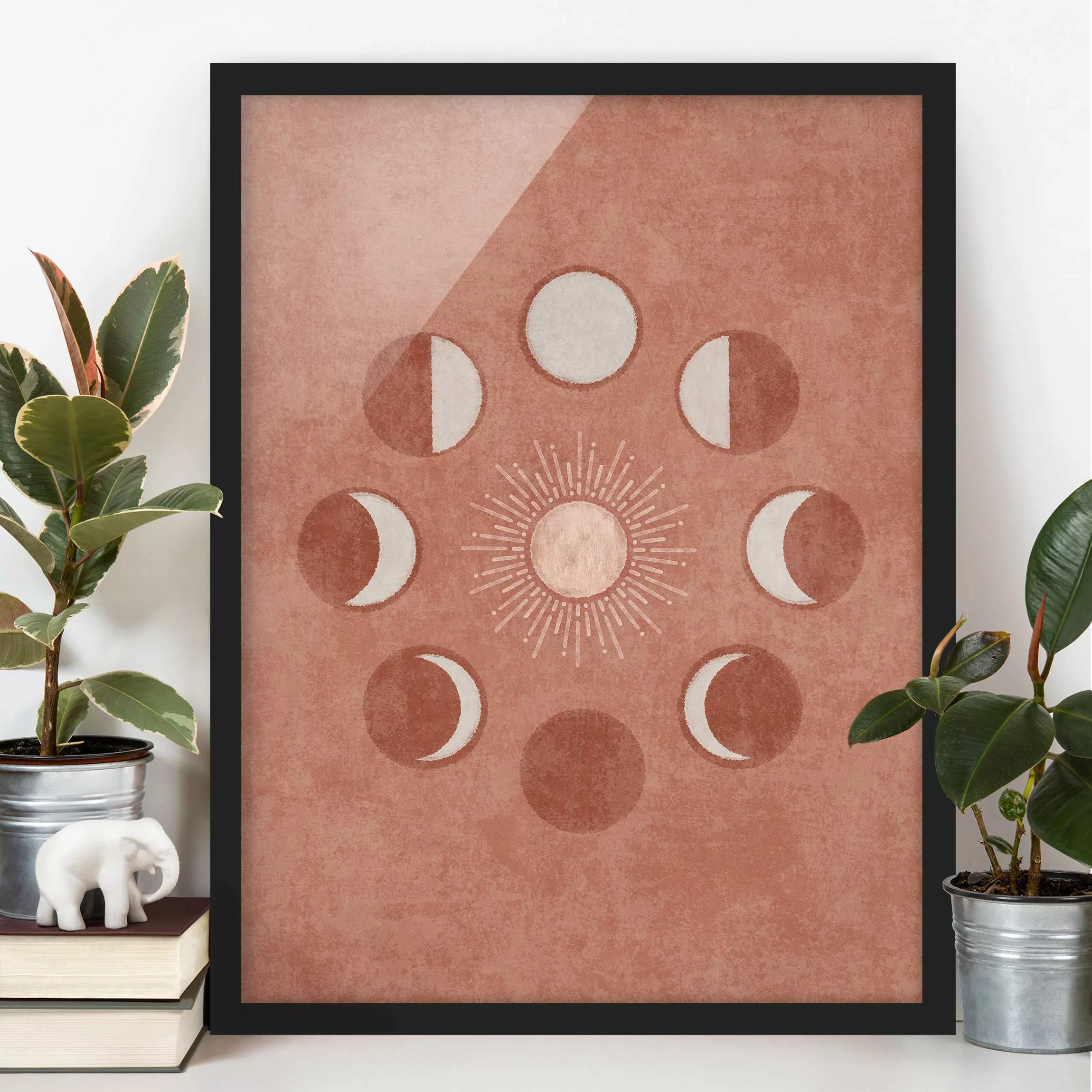 Bild mit Rahmen Boho Mondphasen mit Sonne günstig online kaufen