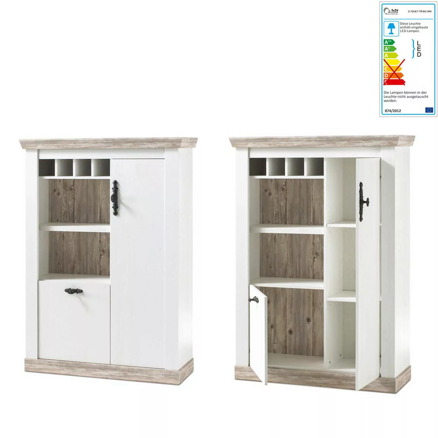 Lomadox Highboard FERNA-61 inkl. LED im Landhaus Stil und Pinie weiß und Os günstig online kaufen