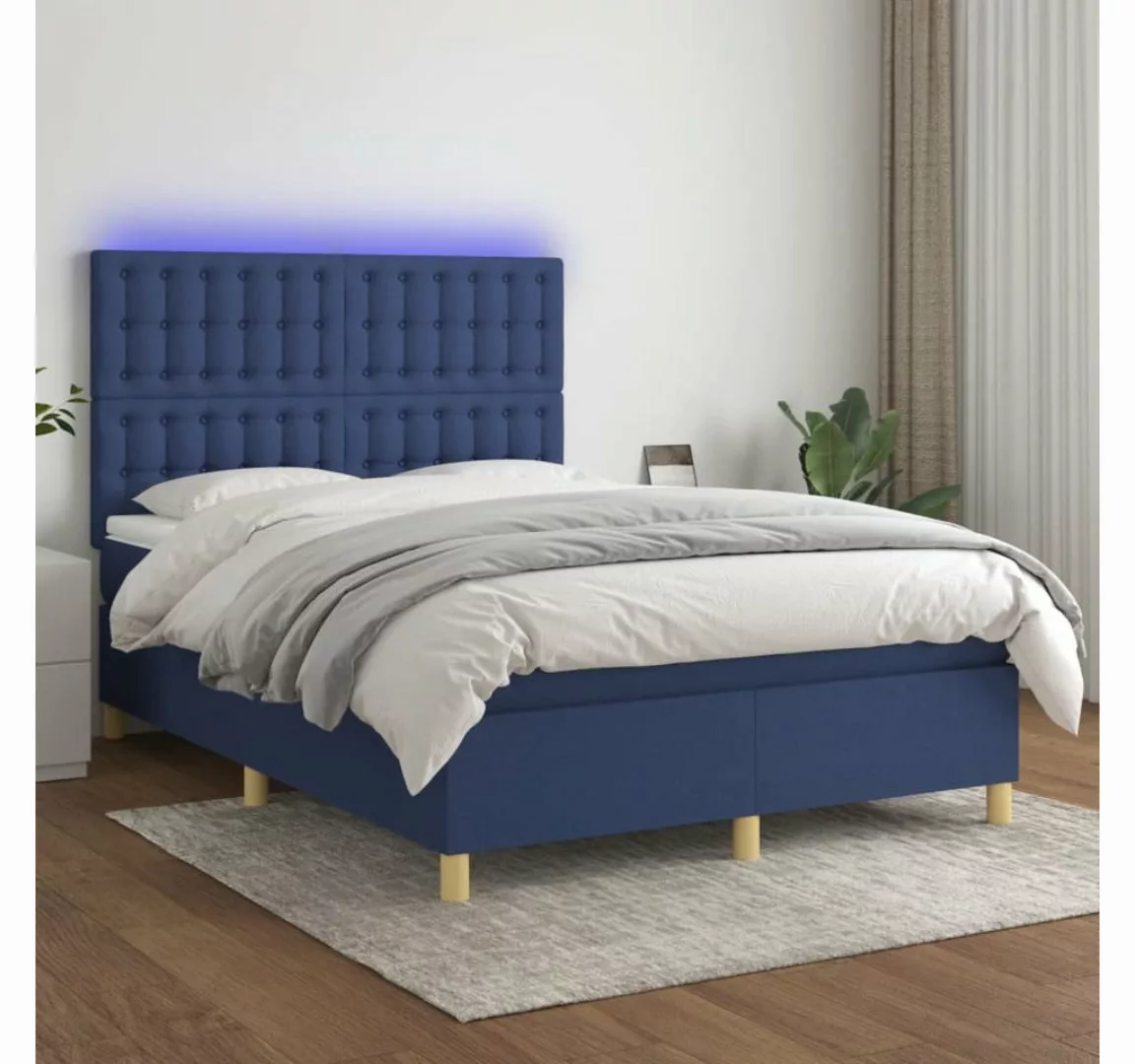 vidaXL Boxspringbett (140 x 200 cm, Knopfheftung Parallel, Blau), mit LED günstig online kaufen