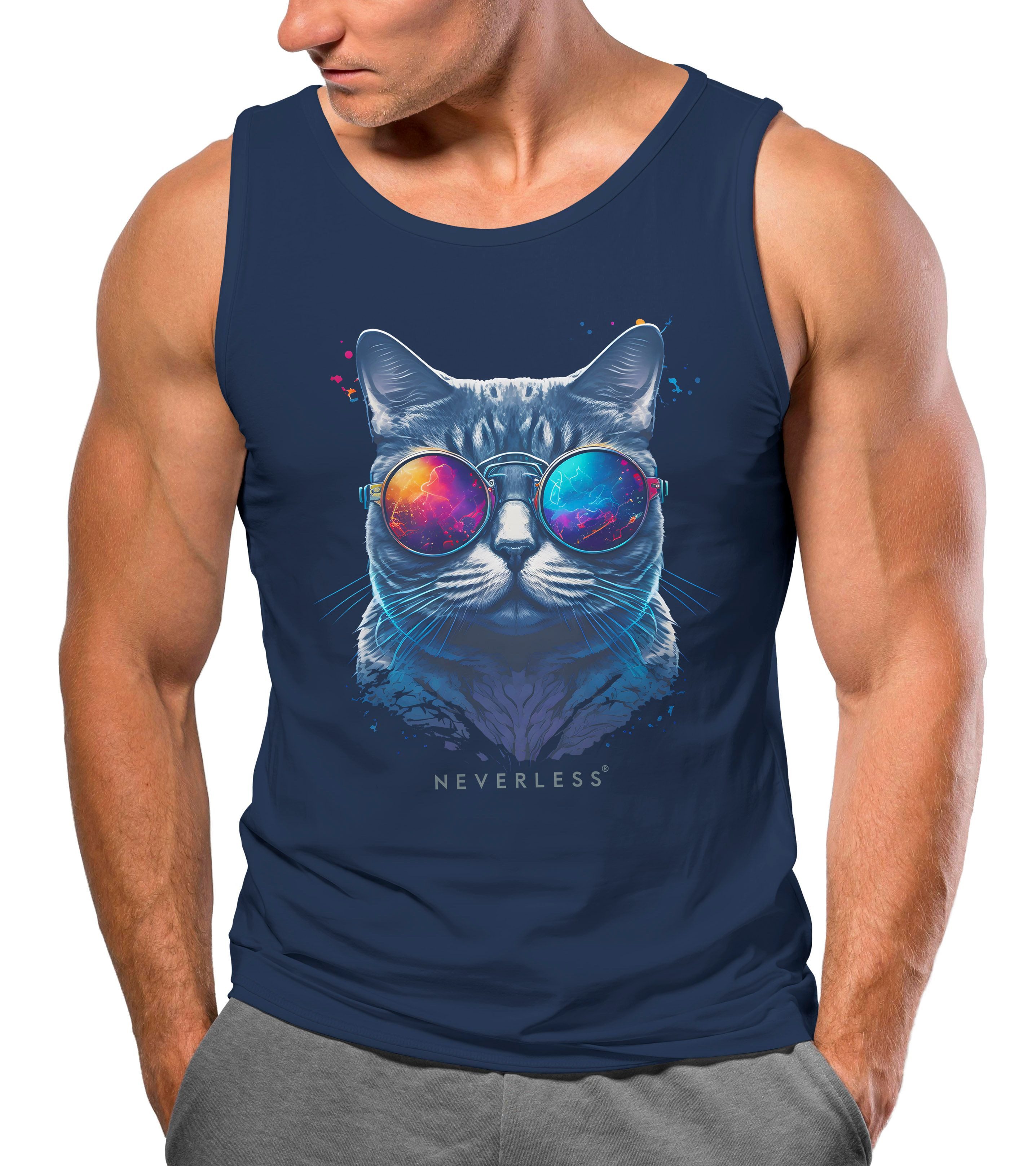Neverless Tanktop Herren Tank-Top Aufdruck Katze günstig online kaufen
