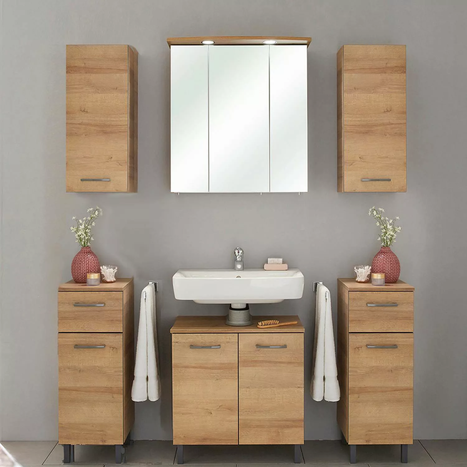 Badezimmer Möbelset 5-tlg. RECIFE-66 in Eiche Riviera, Spiegelschrank mit L günstig online kaufen
