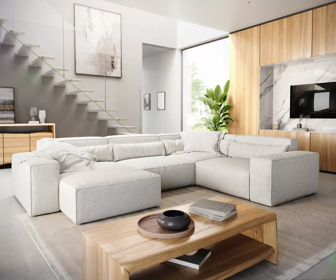 DELIFE Big-Sofa Sirpio, L Bouclé Creme-Weiß 330x230 cm Recamiere variabel günstig online kaufen