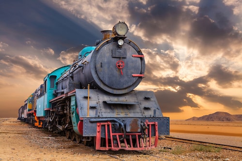 Papermoon Fototapete »ZUG-LOKOMOTIVE WADI RUM WÜSTE JORDANIEN WAGEN GEBIRGE günstig online kaufen