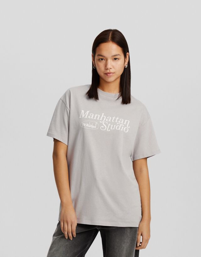 Bershka T-Shirt Mit Print Bskteen S Grau günstig online kaufen