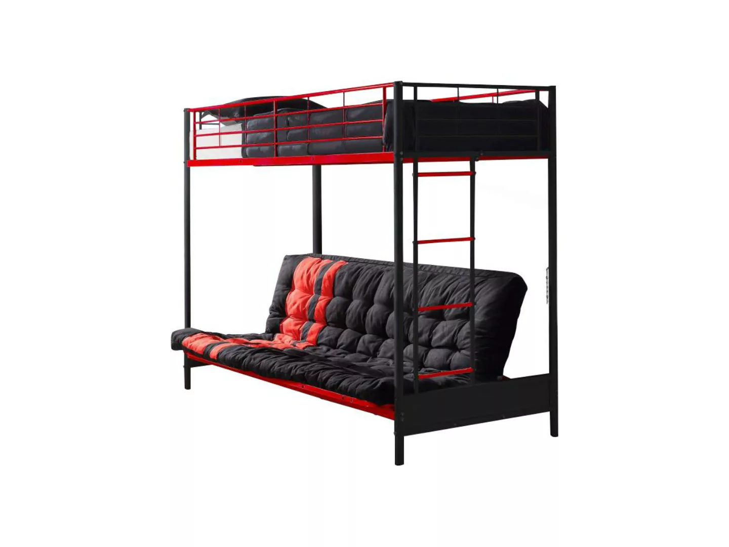 Hochbett mit Schlafsofa mit Futonmatratze - 90 x 190 cm - Metall - Rot & Sc günstig online kaufen