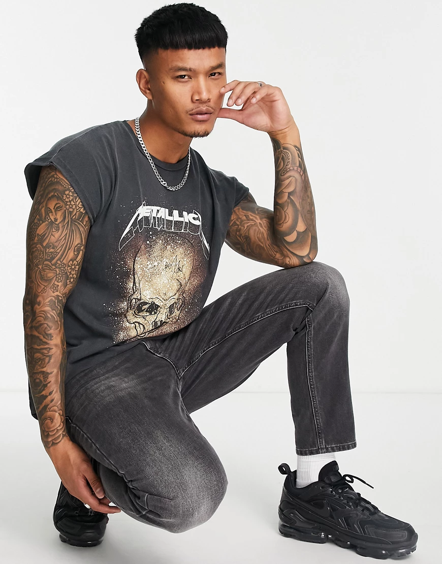 Topman – Oversize-Tanktop in verwaschenem Schwarz mit „Metallica“- und Tote günstig online kaufen