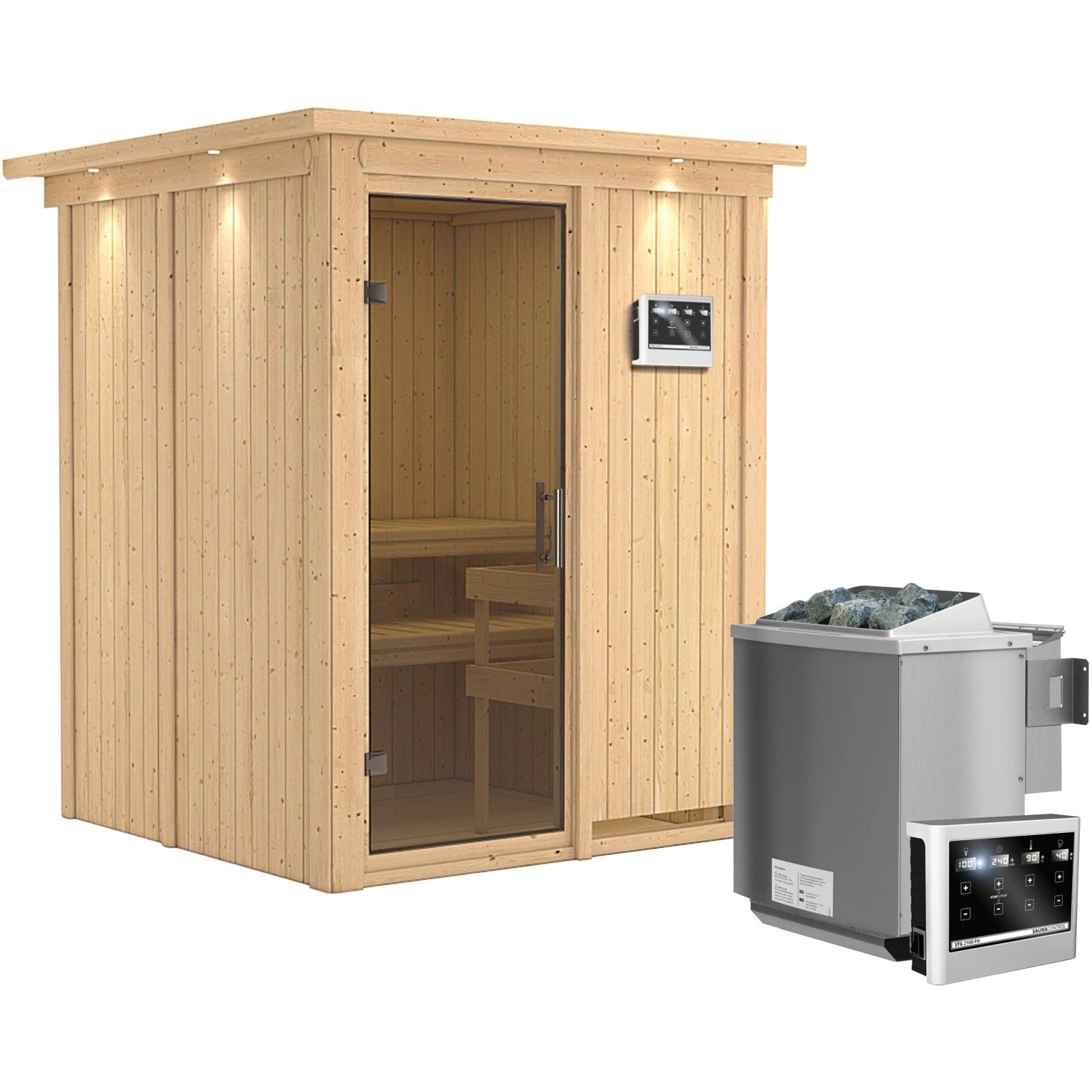 Karibu Sauna Norna inkl. Bio-Ofen 9 kW m. ext. Steuerung, Dachkranz, Tür Gr günstig online kaufen