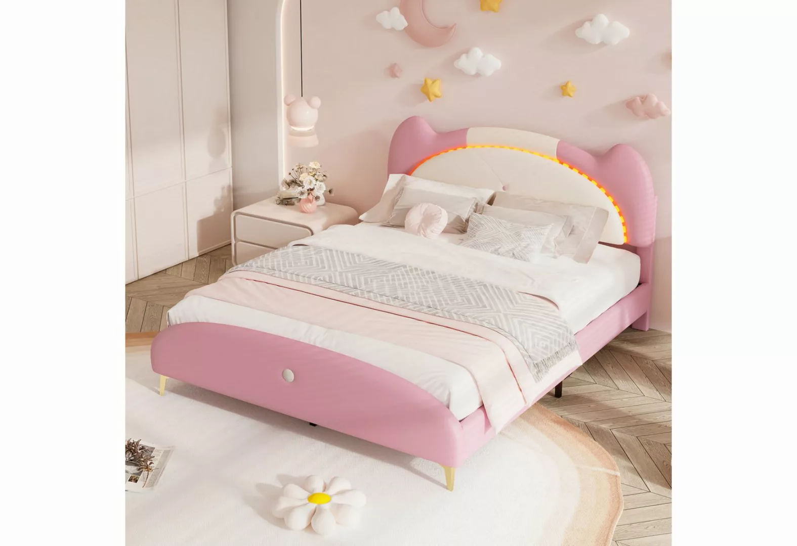 KoDise Kinderbett mit Holzlatten, Eisenrohrrahmen, LED-Streifen,Beige+Rosa, günstig online kaufen