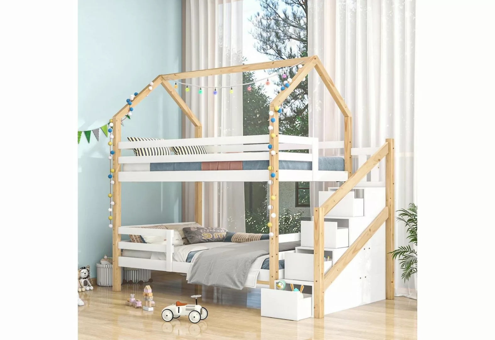 Celya Kinderbett Doppelbett, 90 x 200 cm, Leiterschrank, Kiefernholz Haus B günstig online kaufen