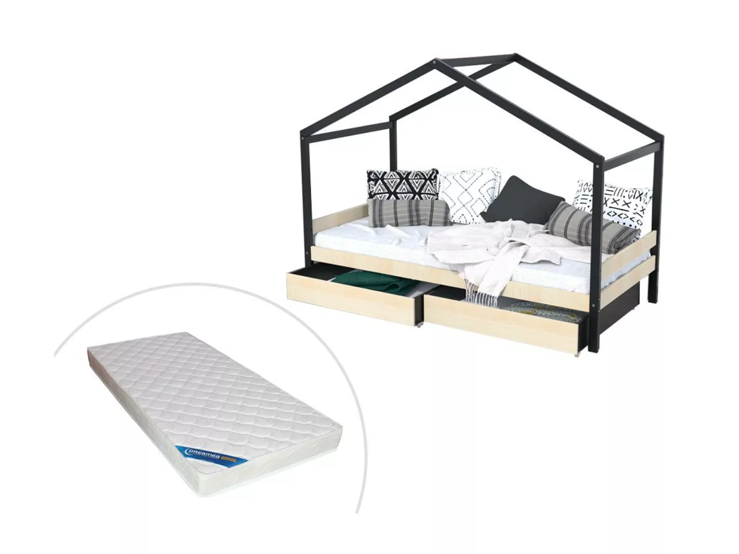 Kinderbett Hausbett mit 2 Schubladen + Matratze - 90 x 190 cm - Fichte mass günstig online kaufen