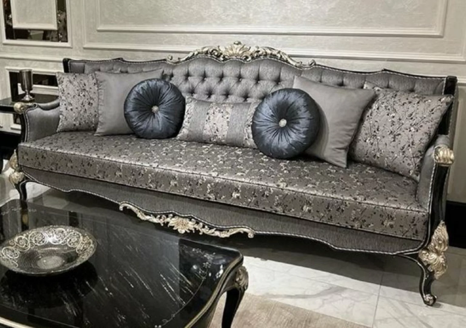 Casa Padrino Sofa Luxus Barock Sofa Silber / Schwarz / Silber - Handgeferti günstig online kaufen