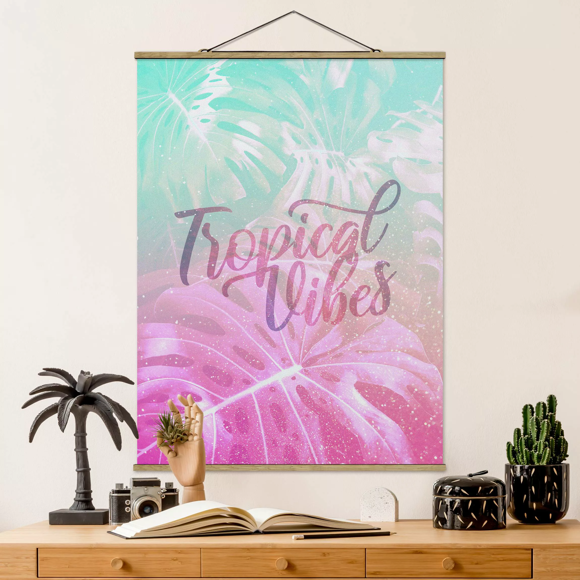 Stoffbild Blumen mit Posterleisten - Hochformat Rainbow - Tropical Vibes günstig online kaufen
