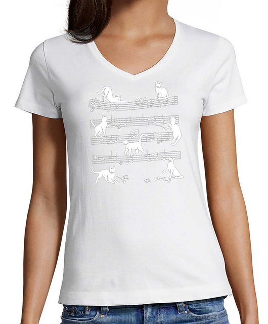 MyDesign24 T-Shirt Damen Katzen Print Shirt bedruckt - Musiknoten mit Katze günstig online kaufen