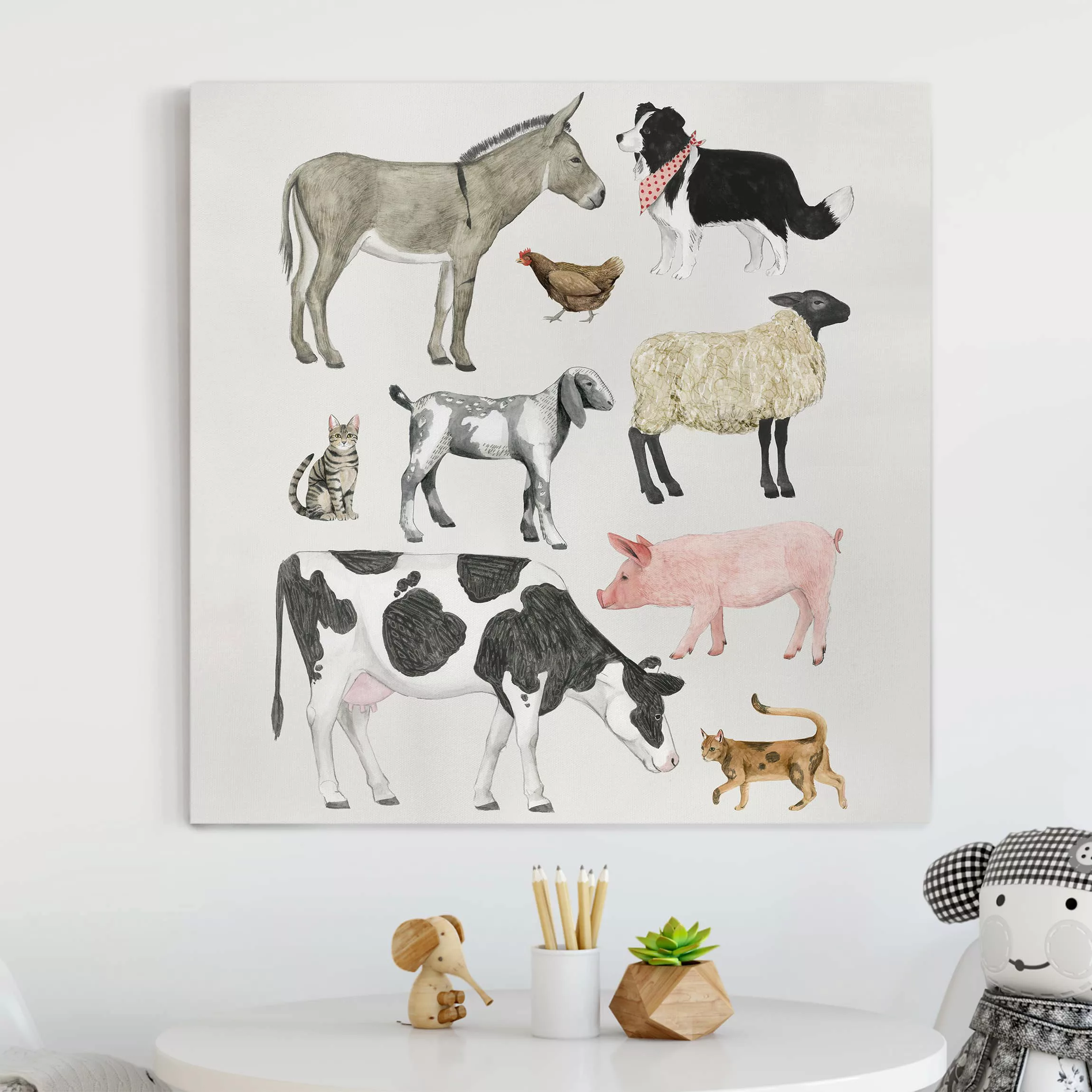 Leinwandbild Kinderzimmer - Quadrat Bauernhof Tierfamilie II günstig online kaufen