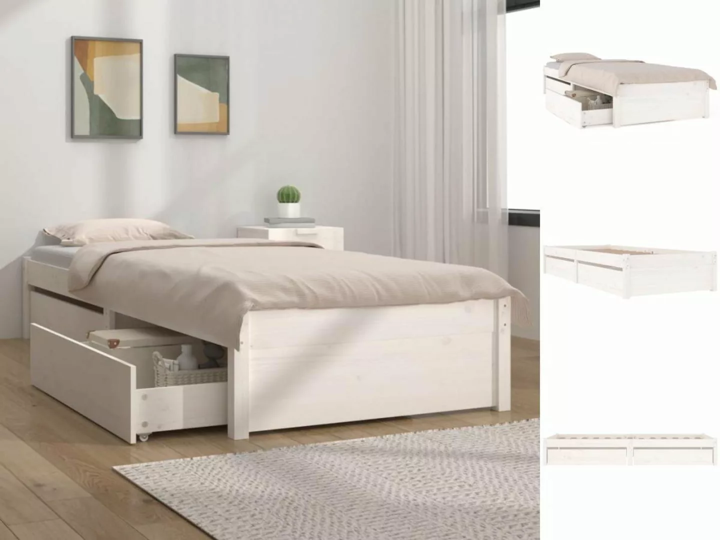 vidaXL Bettgestell Bett mit Schubladen Weiß 90x190 cm 3FT Single Bett Bettg günstig online kaufen