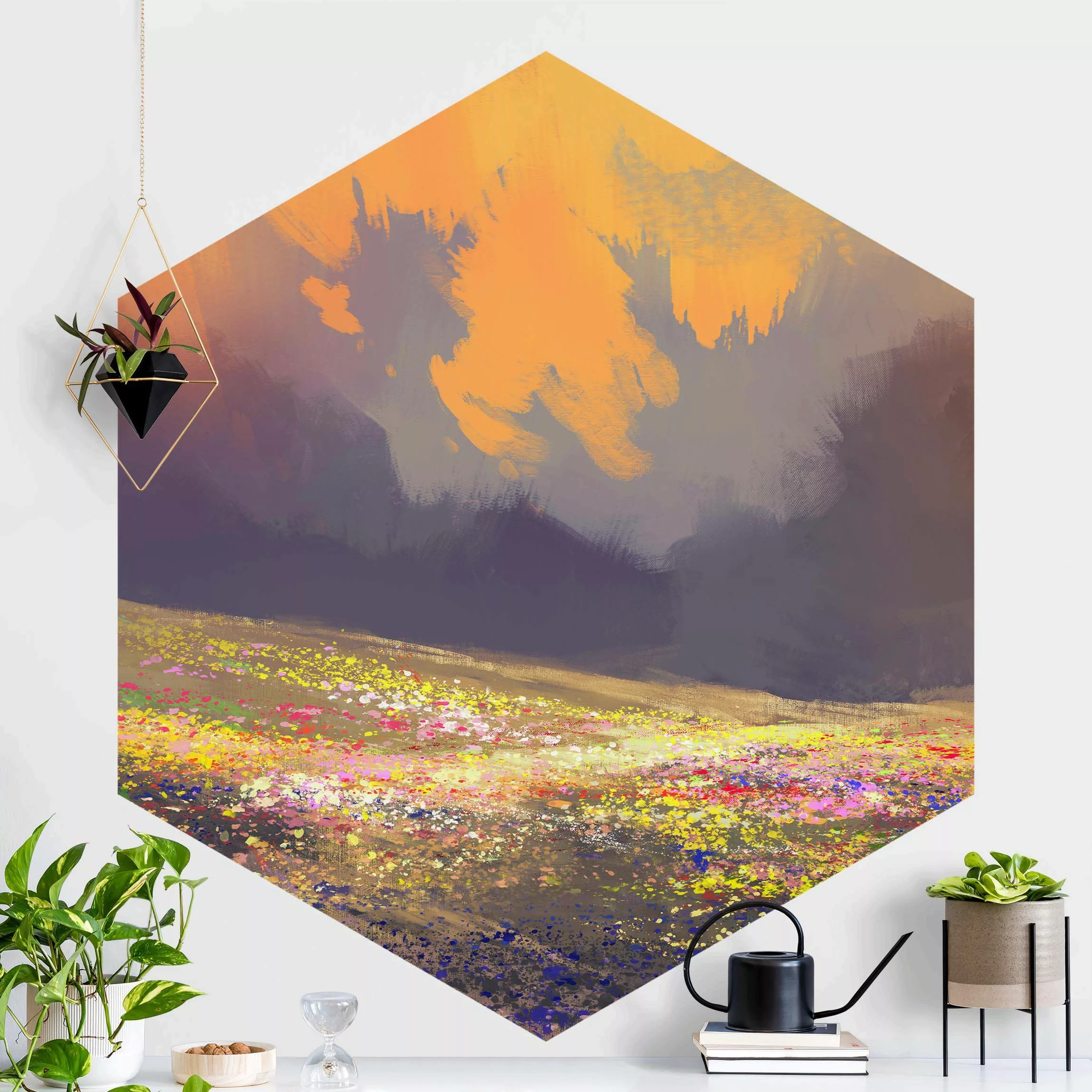 Hexagon Mustertapete selbstklebend Gemalte Anime Landschaft günstig online kaufen