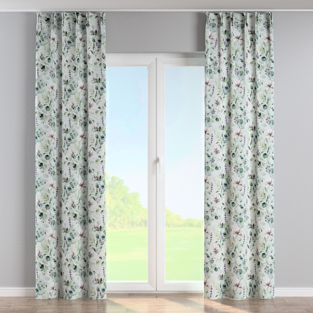 Vorhang mit flämischen 2-er Falten, mintgrün-weiß, Flowers (143-66) günstig online kaufen