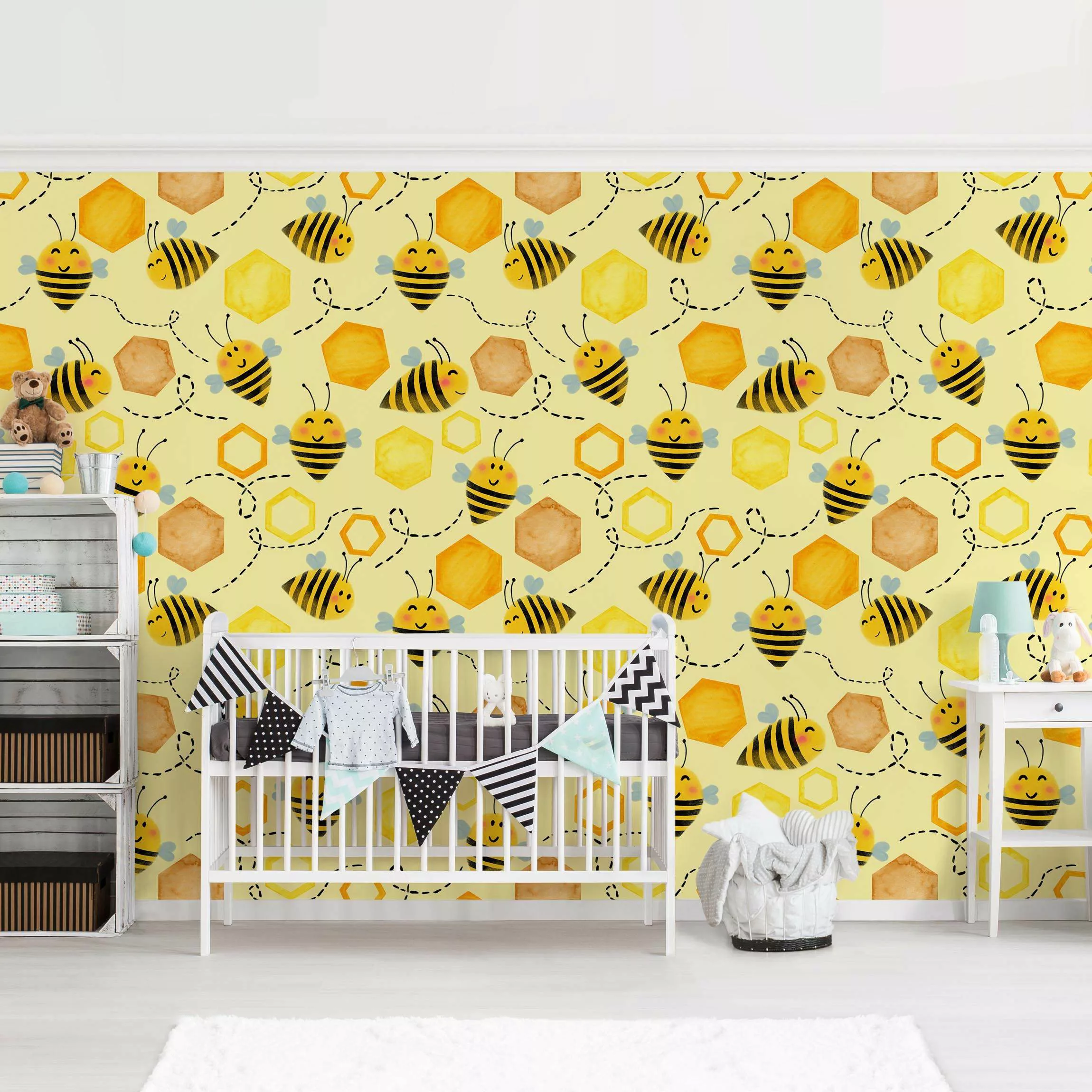 Bilderwelten Mustertapete Süßer Honig mit Bienen Illustration gelb Gr. 192 günstig online kaufen