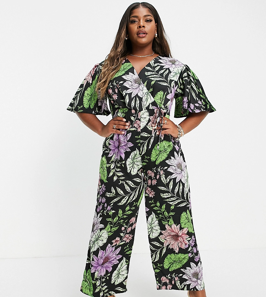 Liquorish Curve – Jumpsuit mit Wickeldesign und tropischem Blumenaufdruck-M günstig online kaufen