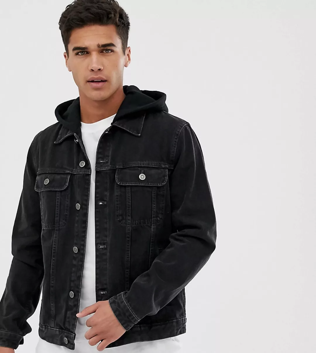 ASOS DESIGN – Jeansjacke in verwaschenem Schwarz mit Jersey-Kapuze günstig online kaufen