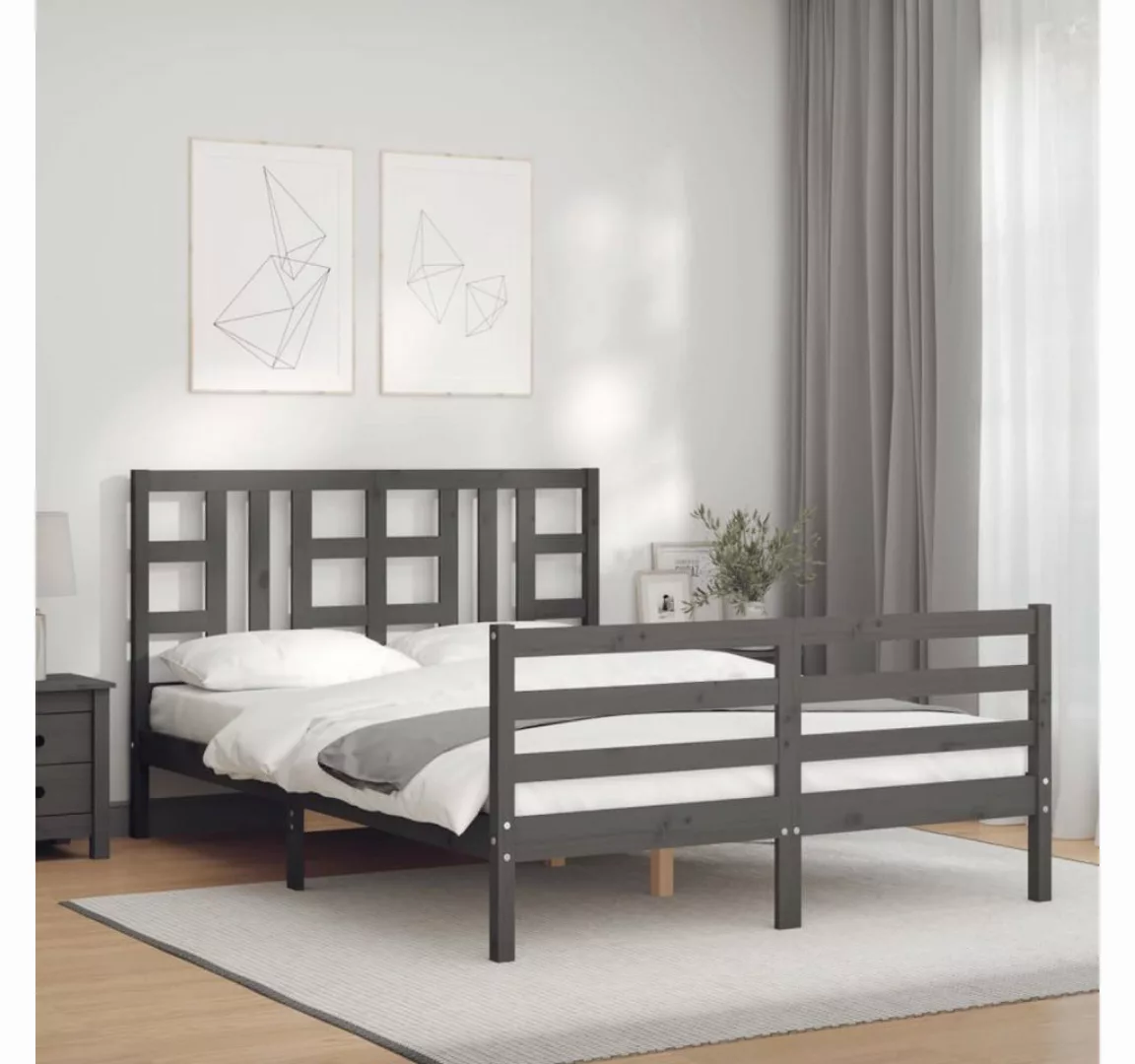 vidaXL Bett Massivholzbett mit Kopfteil Grau 140x190 cm günstig online kaufen