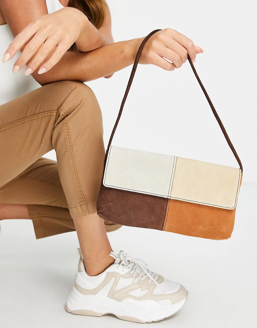 ASOS DESIGN – Schultertasche aus Wildleder im Patchwork-Design mit Umschlag günstig online kaufen