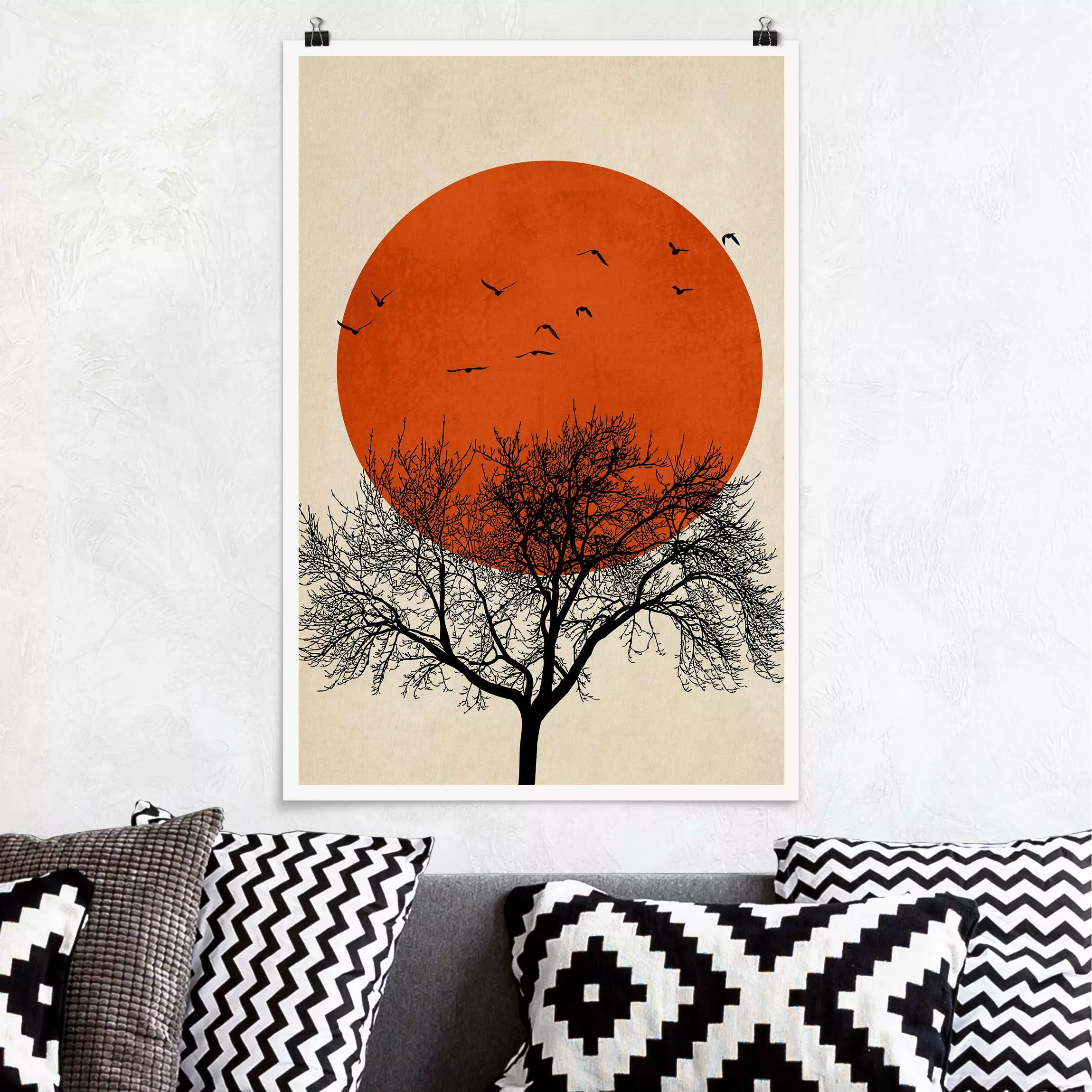Poster Tiere Vogelschwarm vor roter Sonne II günstig online kaufen