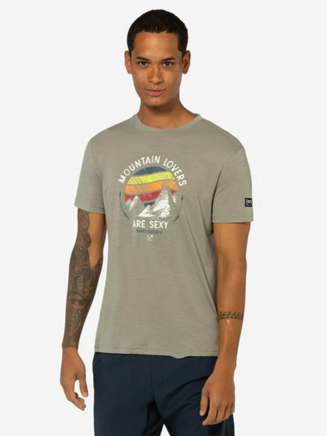 SUPER.NATURAL T-Shirt für Herren, Merino NORTHERN LIGHTS Berg Motiv, bunt günstig online kaufen