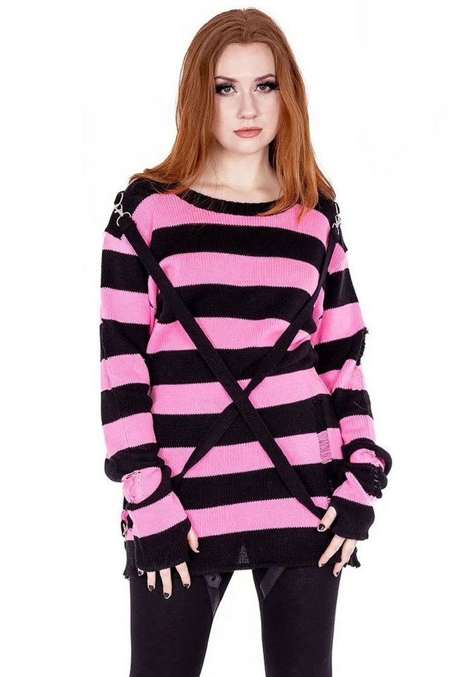 Heartless Strickpullover Oriana Strickpulli Rosa Goth Punk Gestreift Grunge günstig online kaufen