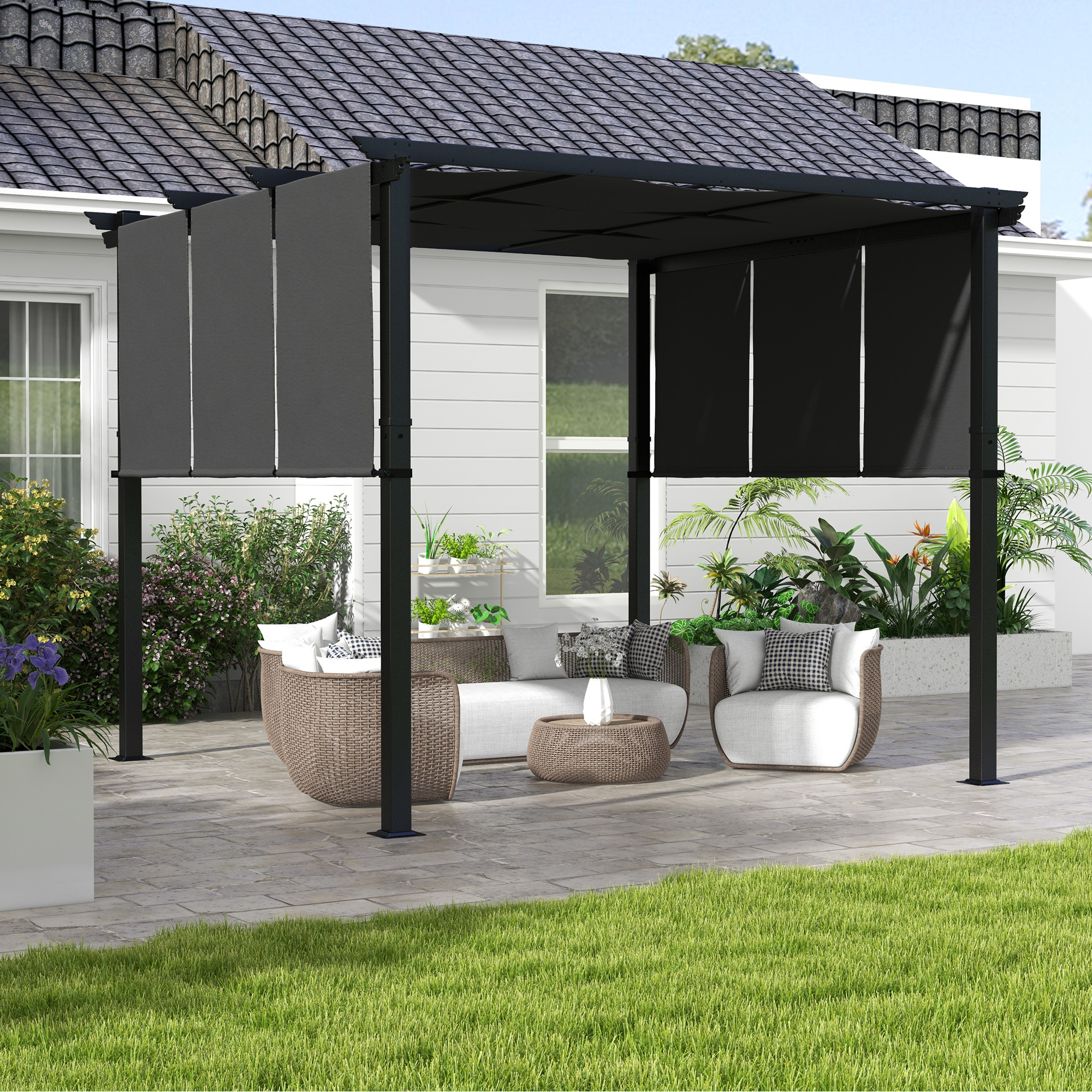 Outsunny Pergola mit 3 verschiebbaren Stoffdächern 3 x 3 m, Metallstruktur günstig online kaufen