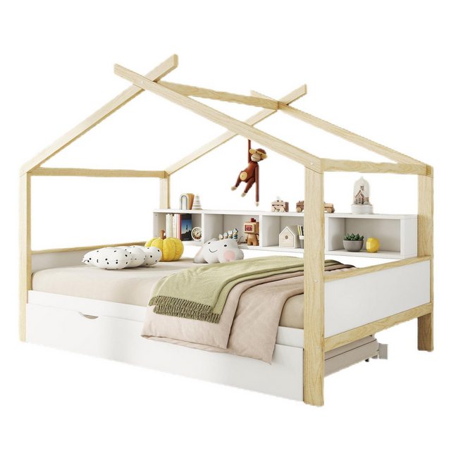 TavilaEcon Kinderbett Holzbett Hausbett mit vier Staufächern, 140x200cm, au günstig online kaufen