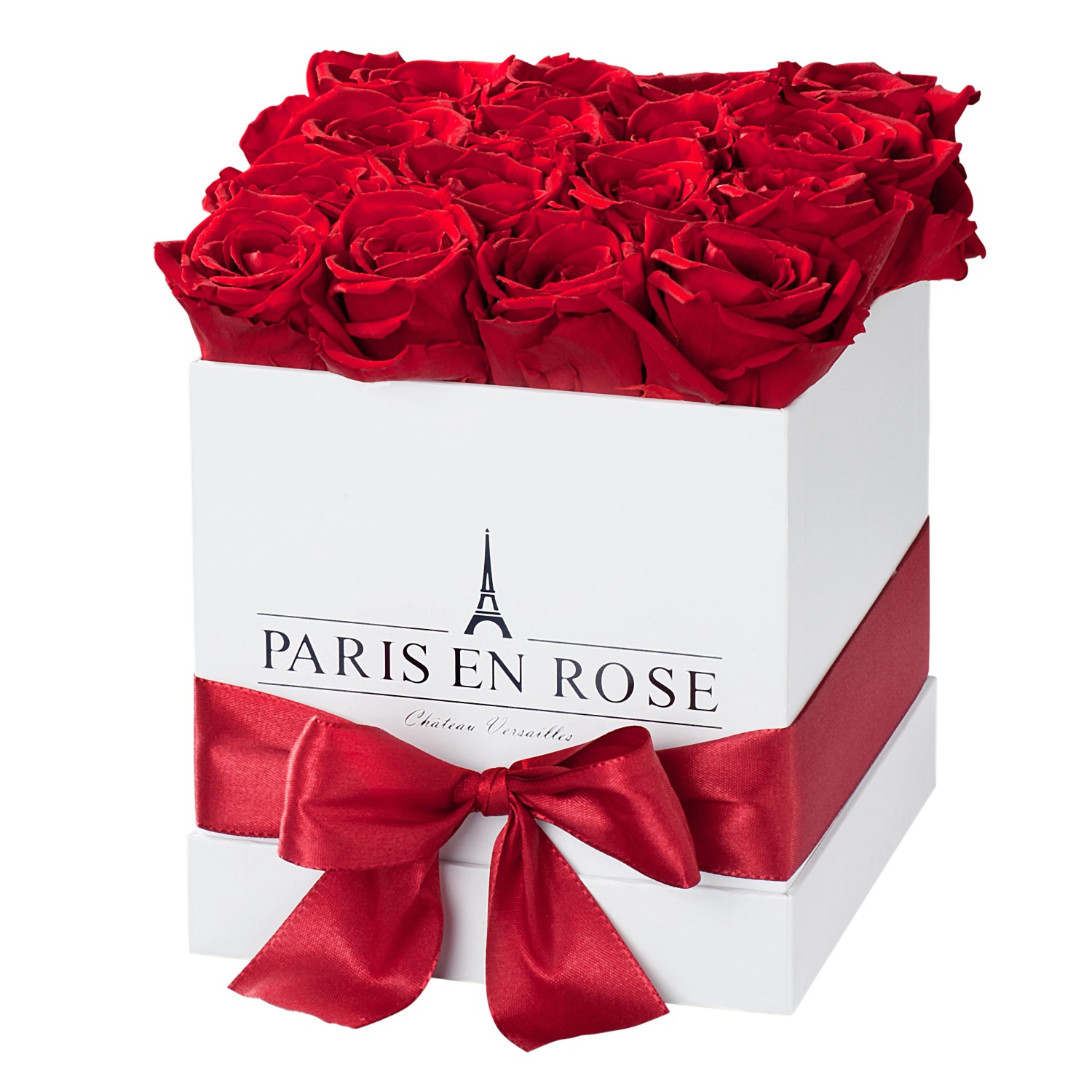 Rosenbox eckig Weiß mit Schleife und 12 Bordeaux Rosen günstig online kaufen