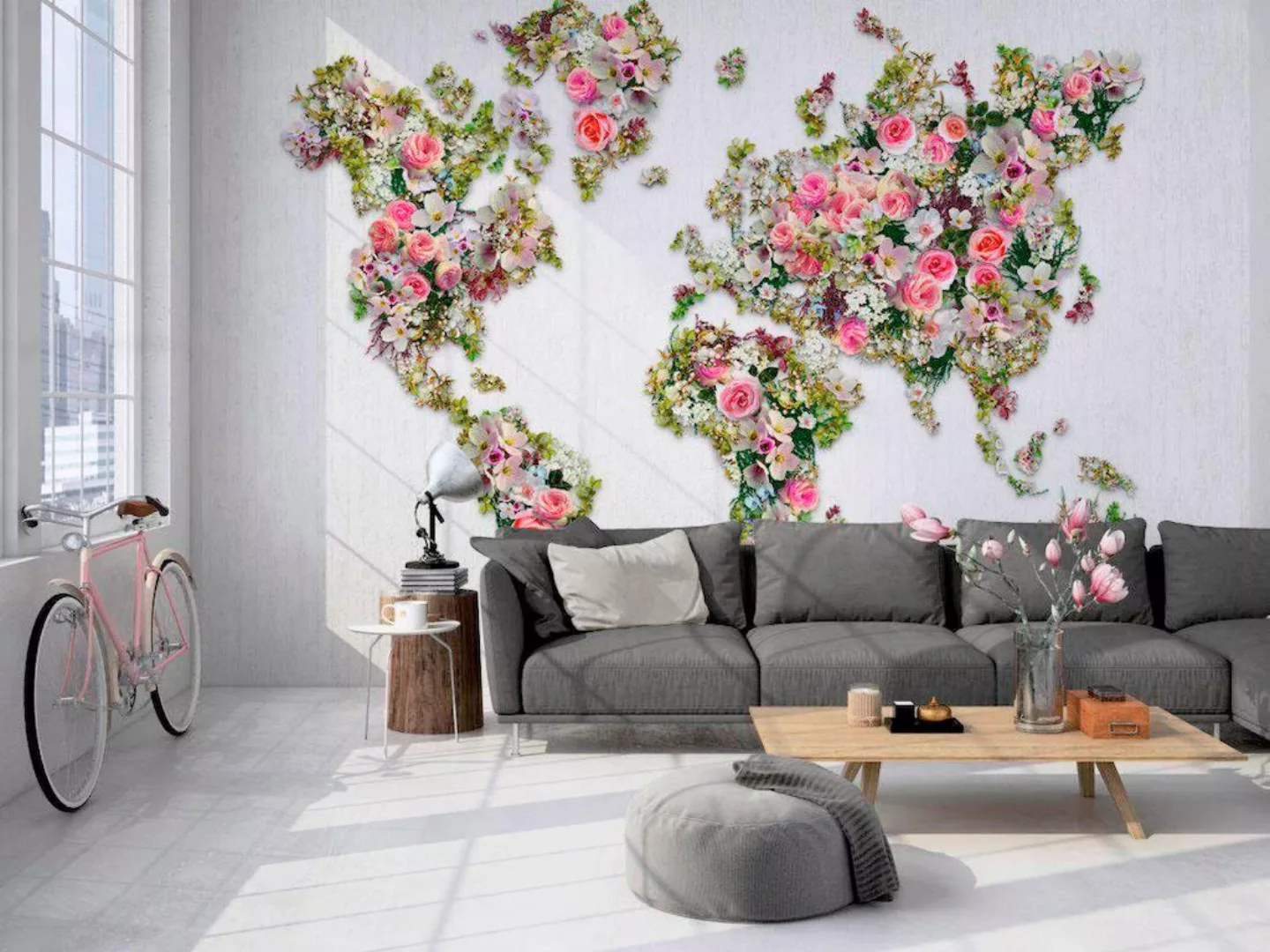 living walls Vliestapete »Weltkarte aus Rosen Vlies«, Blumige Fototapete La günstig online kaufen