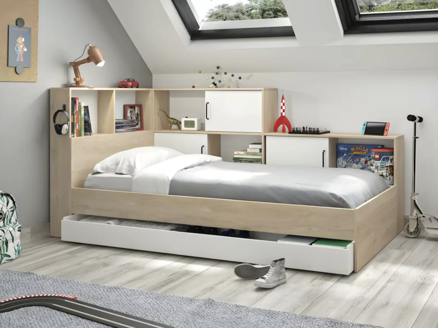 Bett mit Stauraum & Schublade + Lattenrost + Matratze - 90 x 200 cm - Natur günstig online kaufen