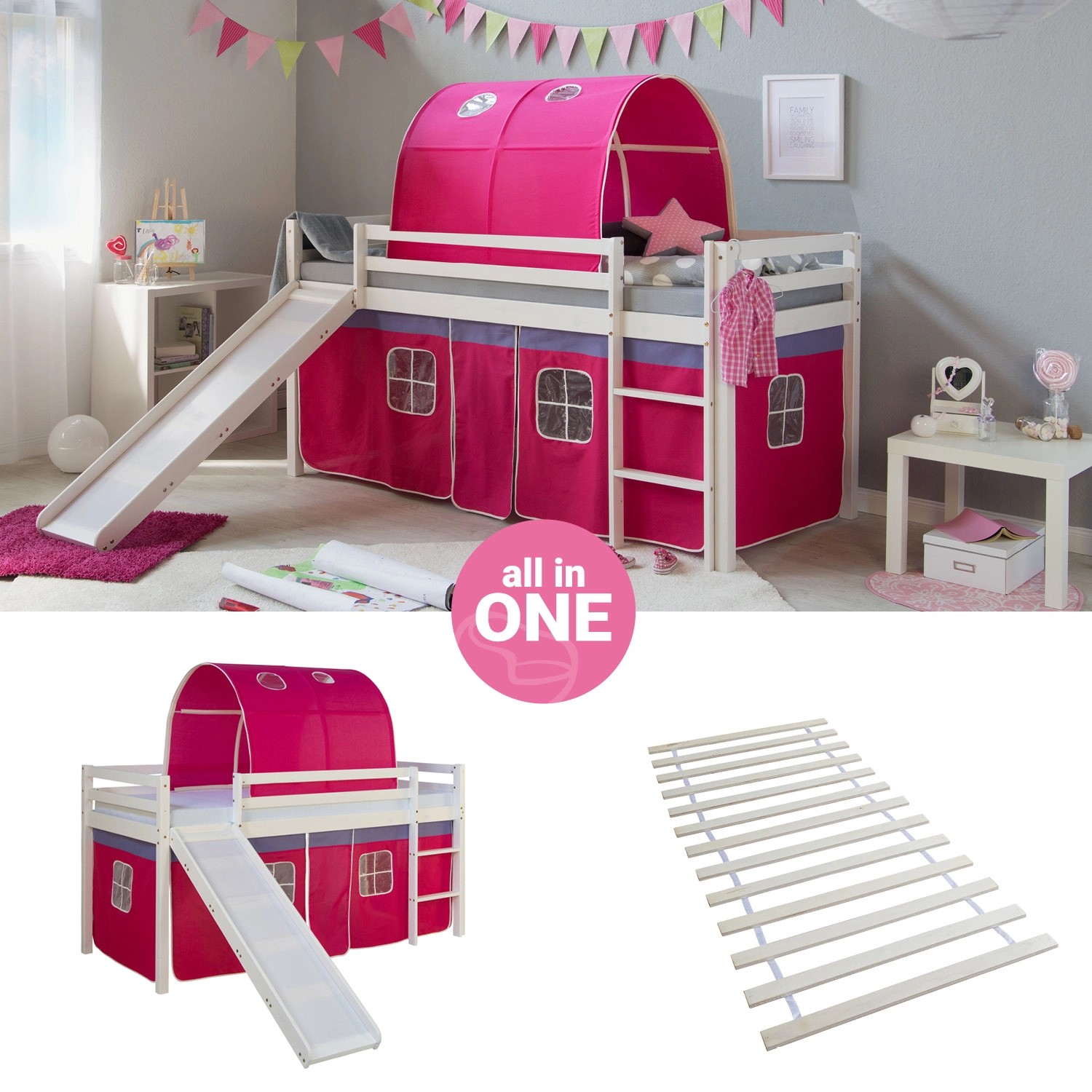Homestyle4u Hochbett 90x200 mit Vorhang Lattenrost Rutsche und Tunnel in We günstig online kaufen