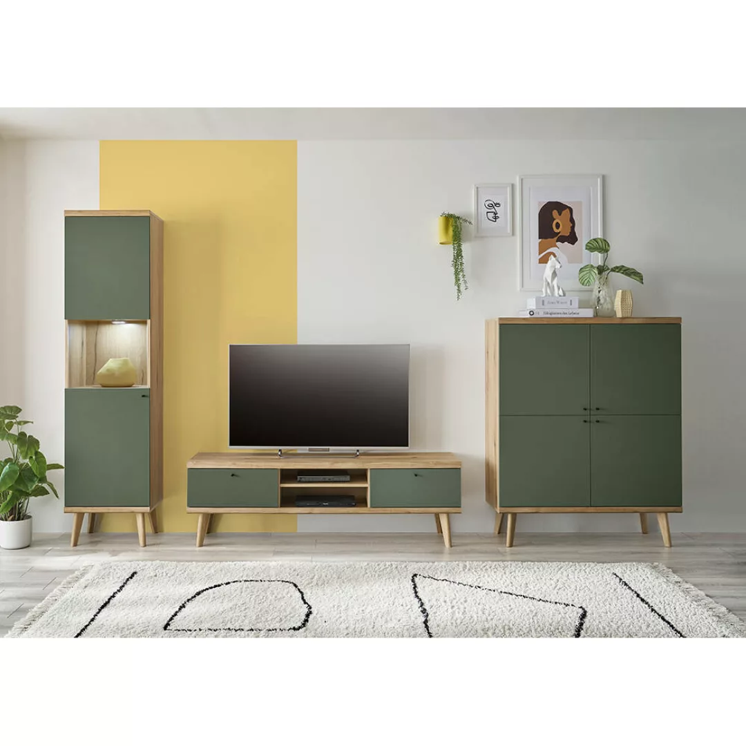 TV-Wand in Eiche mit grün AVEZZANO-61 Modern 3-teilig günstig online kaufen