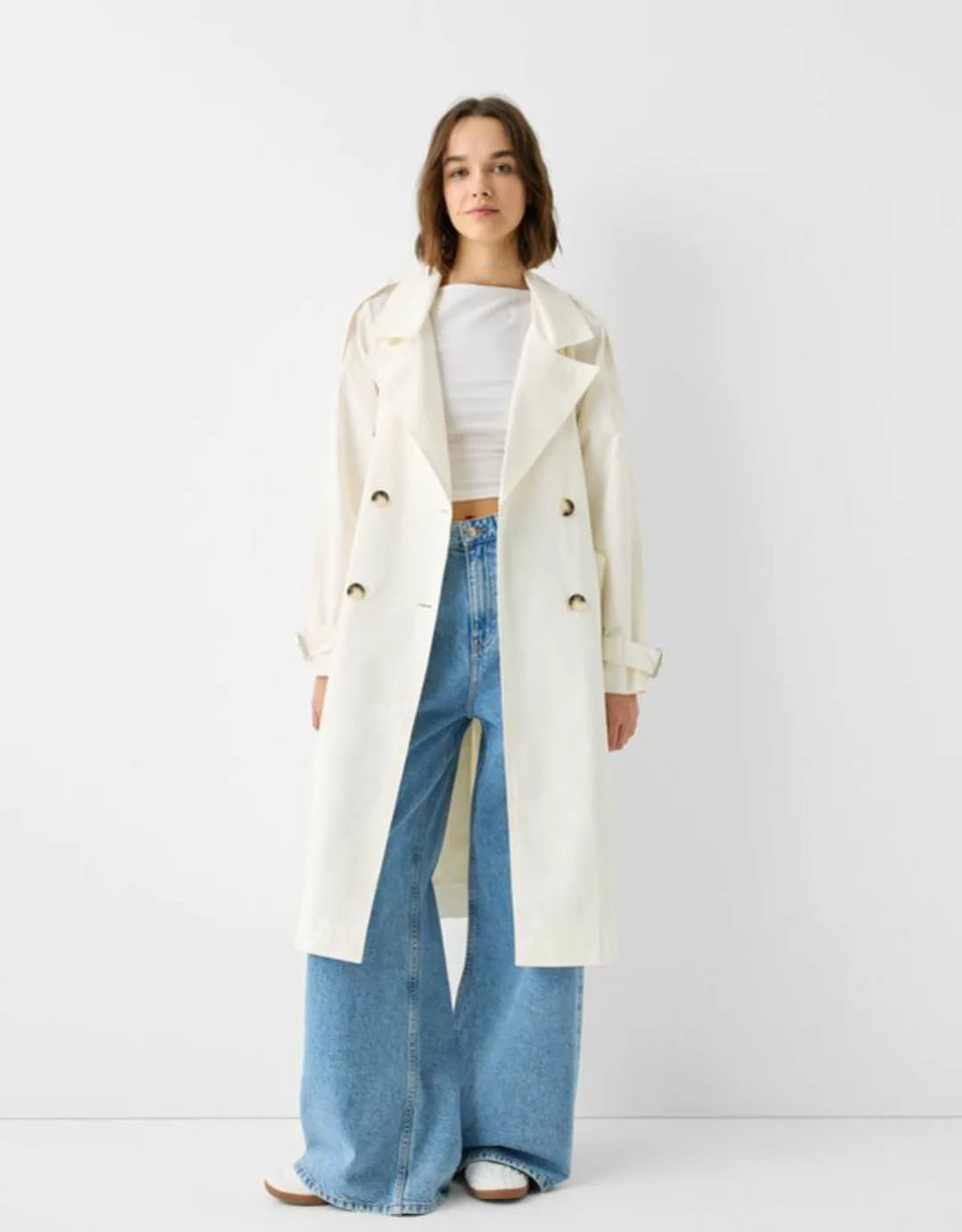 Bershka Trenchcoat Aus Baumwolle Damen M Grbrochenes Weiss günstig online kaufen