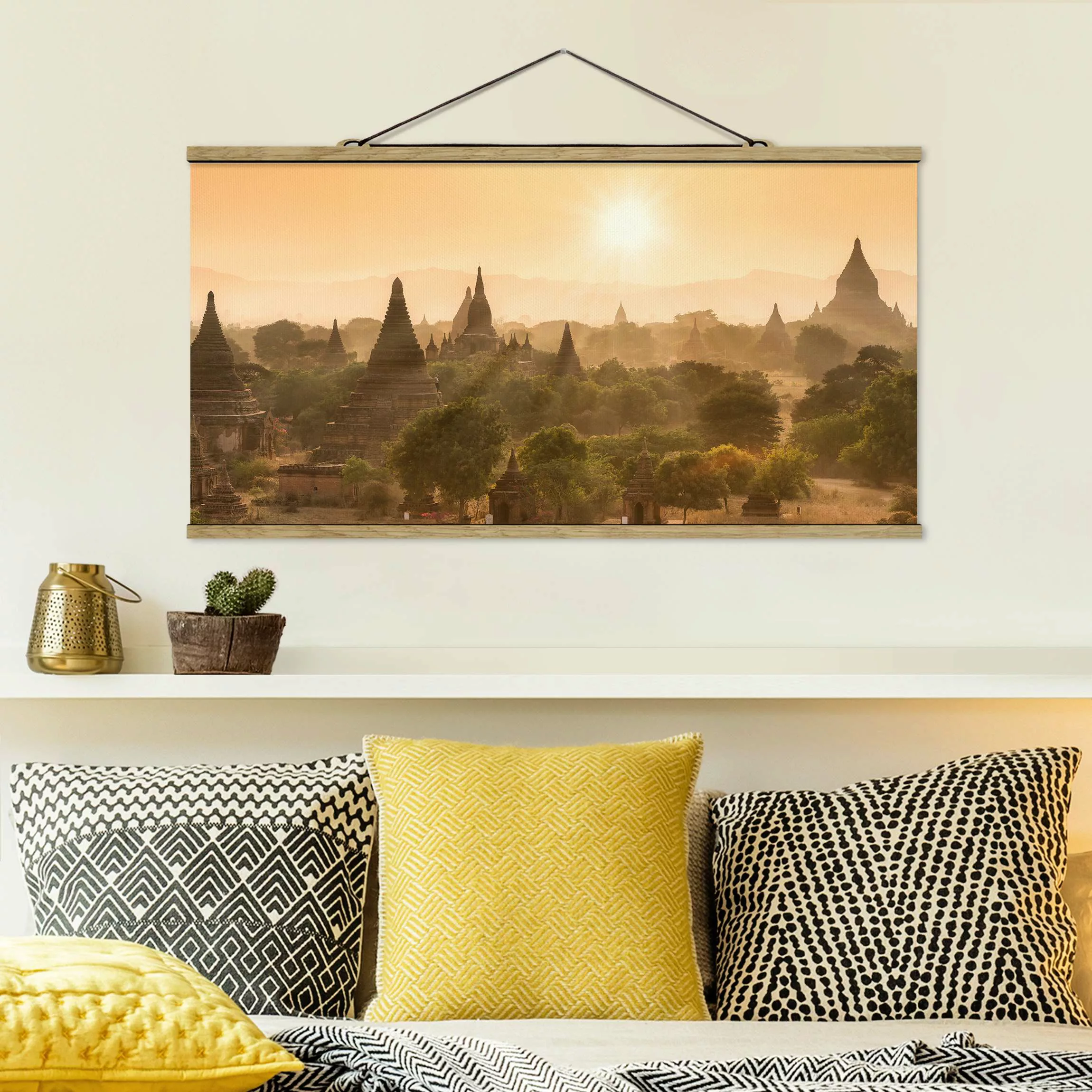 Stoffbild mit Posterleisten Sonnenuntergang über Bagan günstig online kaufen