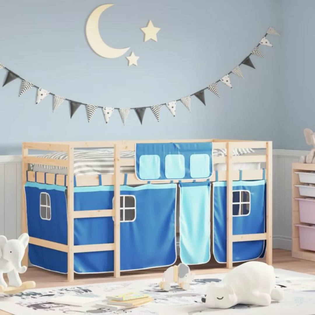 vidaXL Kinderbett Kinderhochbett mit Vorhängen Blau 90x200 cm Massivholz Ki günstig online kaufen