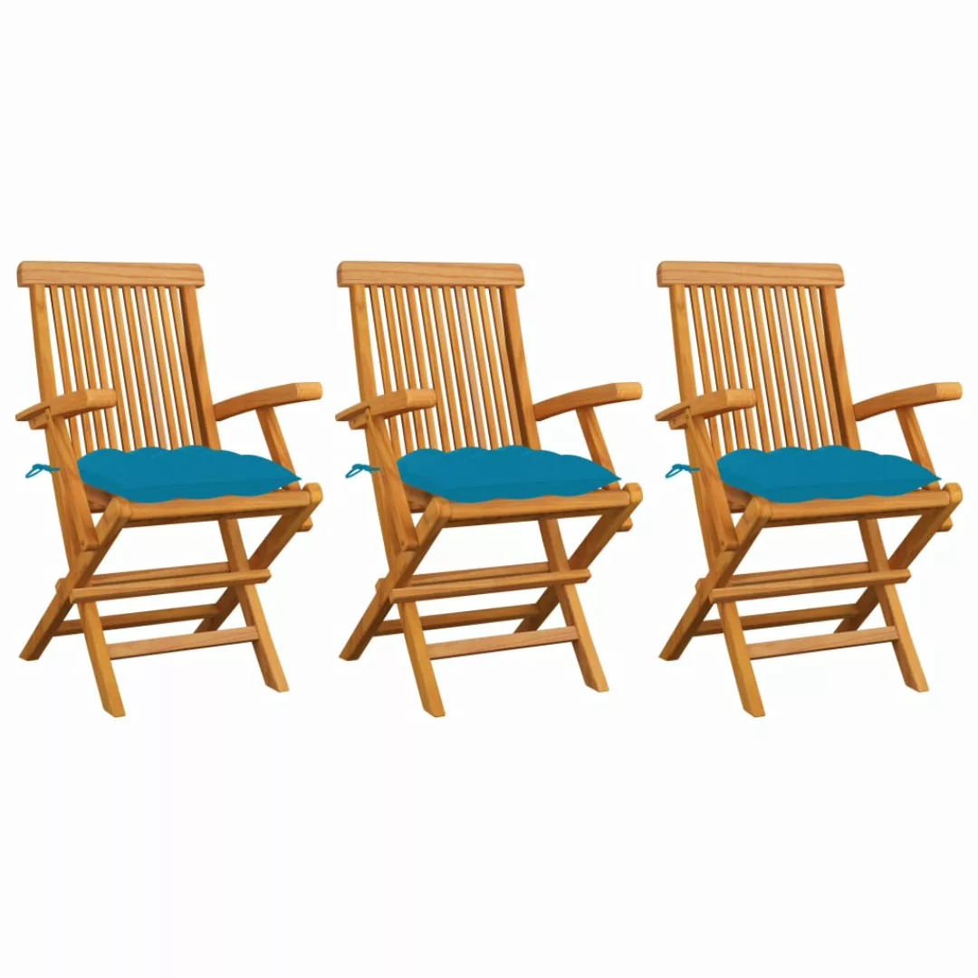 Gartenstühle Mit Hellblauen Kissen 3 Stk. Massivholz Teak günstig online kaufen